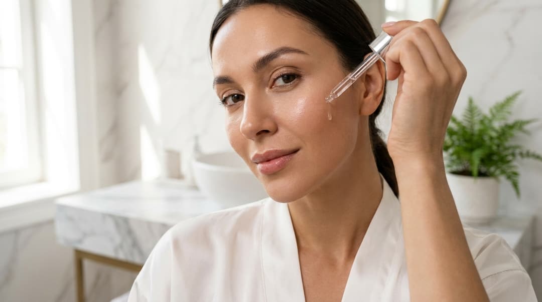 Beautiful woman applying facial serum in a bright bathroom