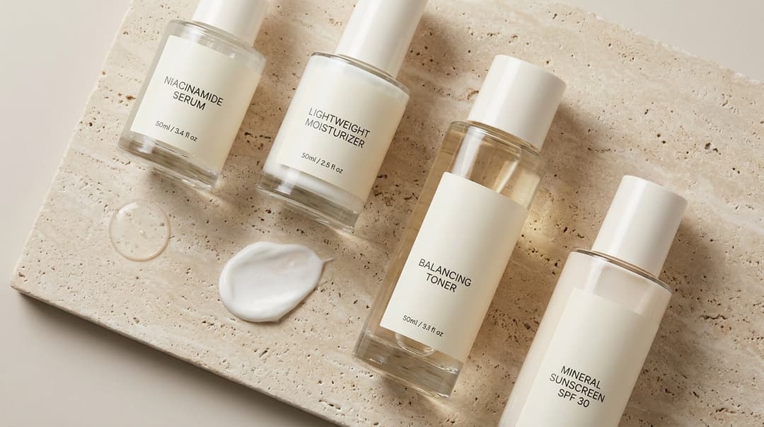 Flatlay of niacinamide skincare products with serum and cream textures