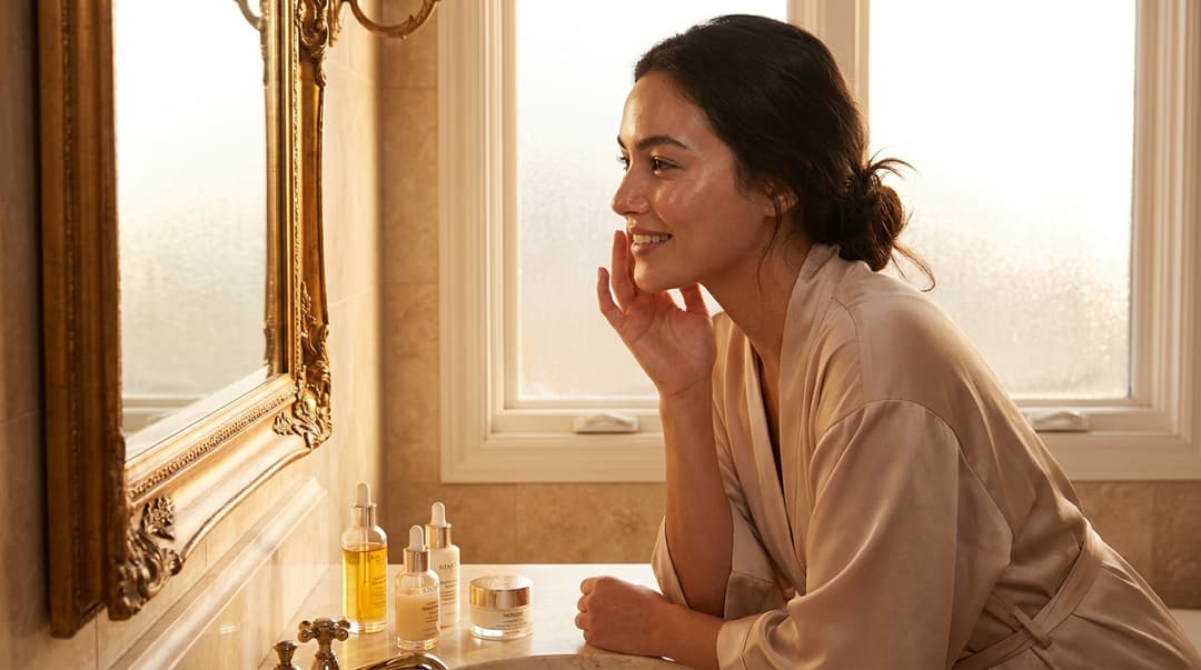 Beautiful woman looking at her glowing skin in a mirror after skincare