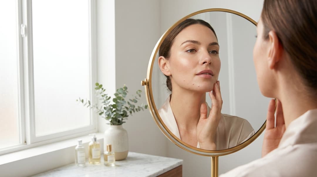 Beautiful woman checking mild jawline and chin breakouts in a bathroom mirror