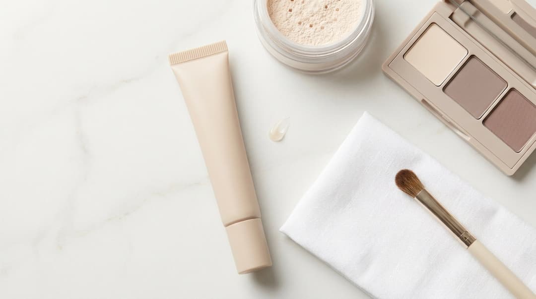 Eye primer, powder, brush, tissue, and neutral eyeshadows arranged on a marble vanity.