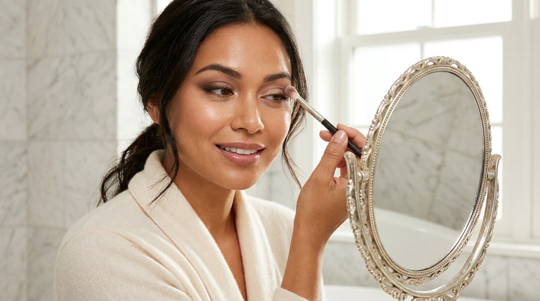 Woman applying taupe eyeshadow above the natural crease while keeping her hooded eyes open.
