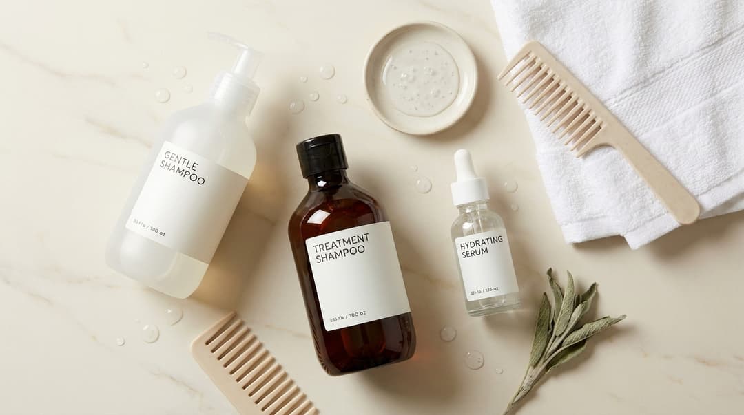 Flatlay of gentle shampoo, treatment shampoo, scalp serum, comb, and towel.