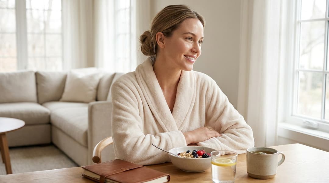 Woman journaling beside a healthy breakfast during a relaxed Sunday morning.