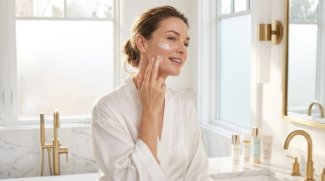 Bride-to-be applying sunscreen to her face and neck in a bright bathroom.