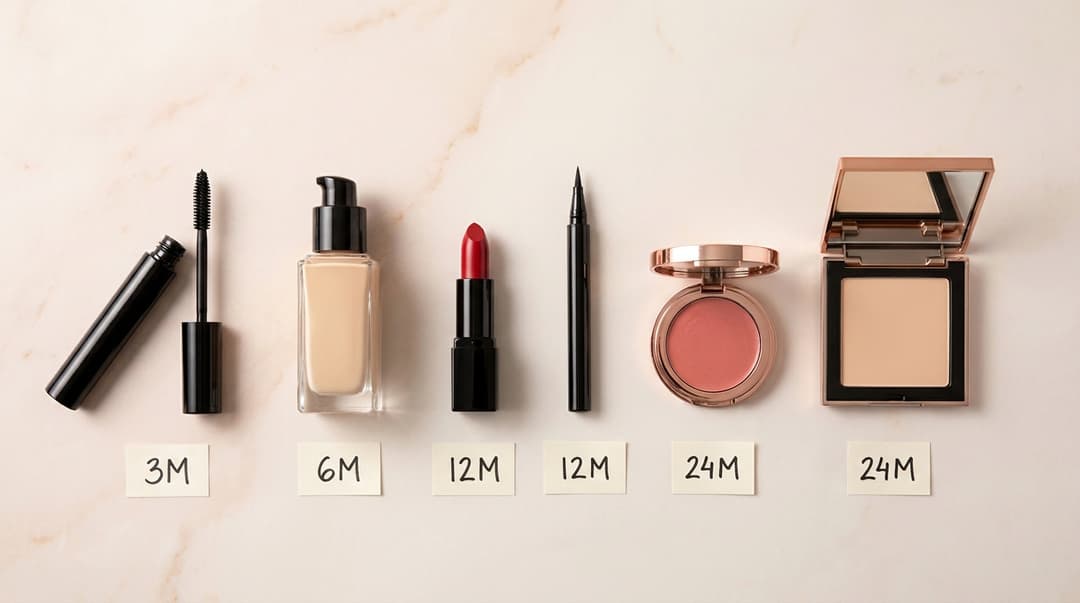 Makeup products arranged with labels indicating typical replacement timelines.