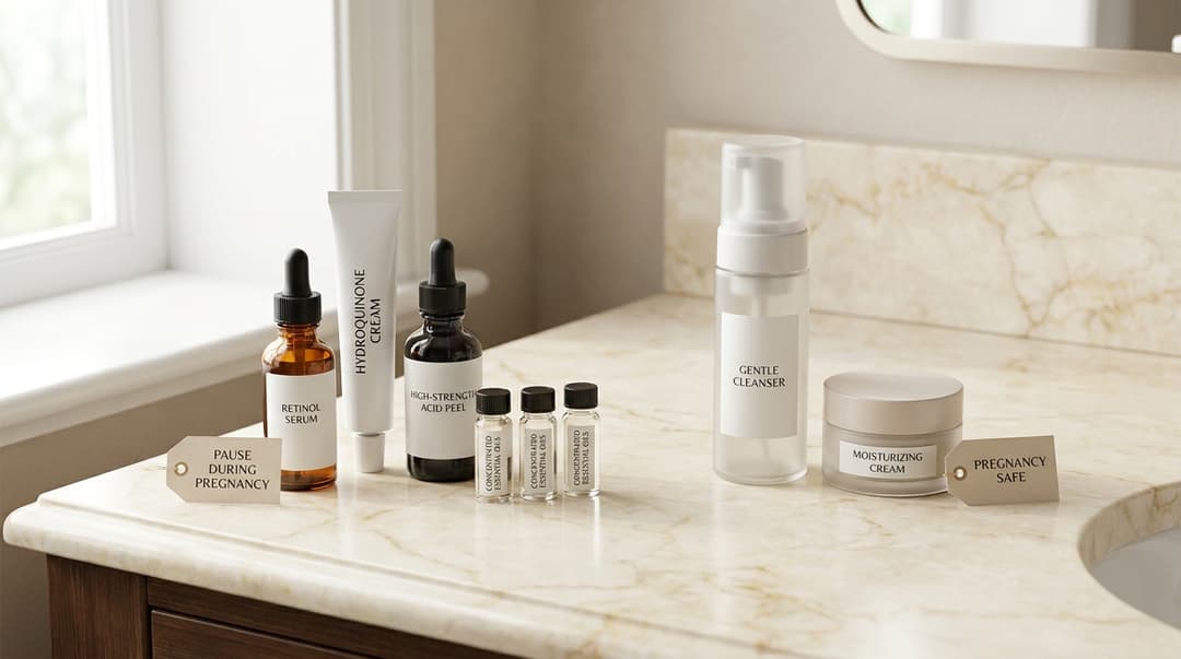 Skincare flatlay separating retinoids, hydroquinone, strong acids, and essential oils from gentle basics.