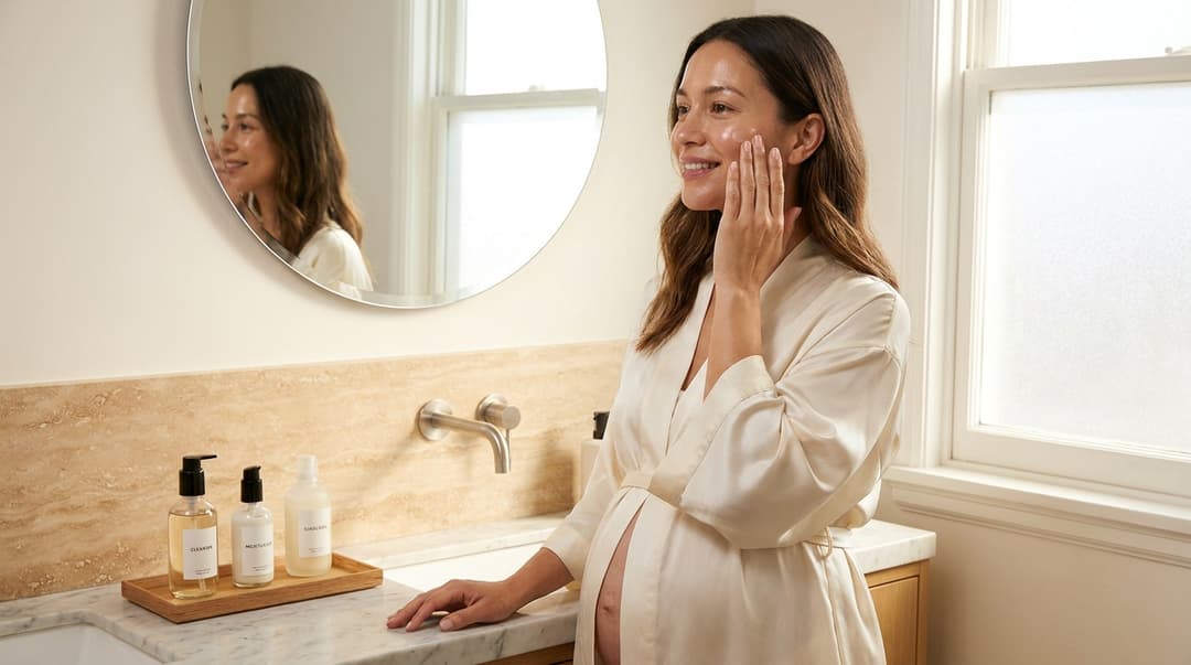 Pregnant woman with glowing skin applying serum at a bright bathroom vanity.