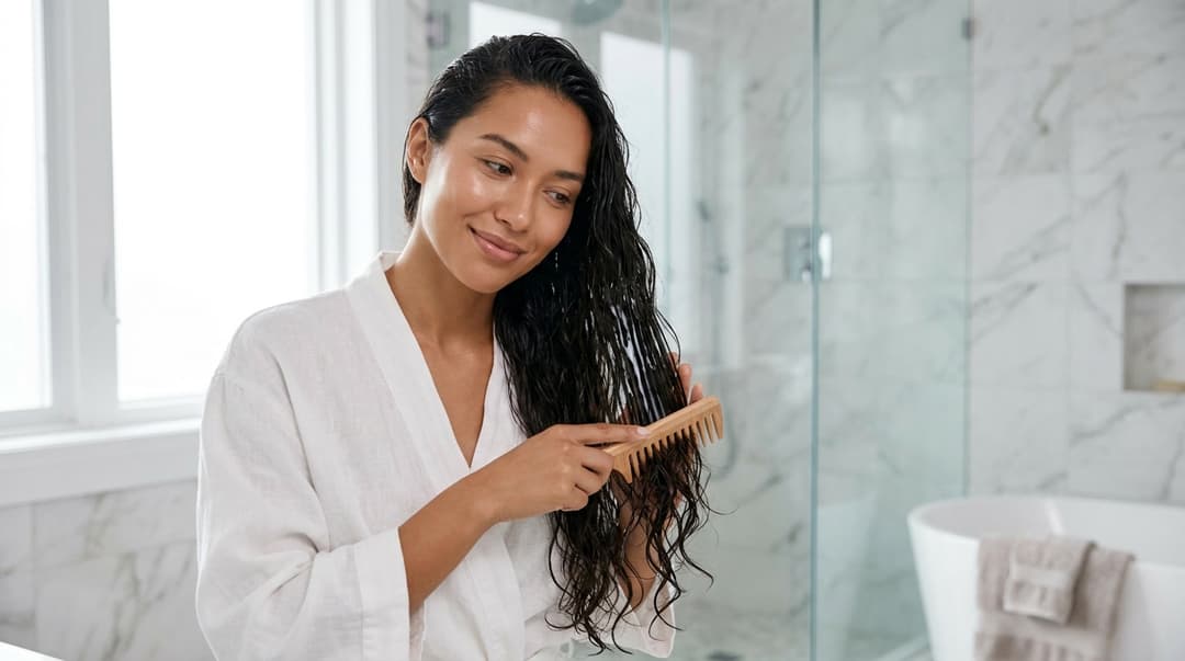 Woman gently detangling conditioned wet hair with a wide-tooth comb.