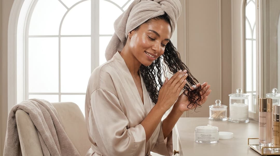 Woman applying styling cream to soaking-wet curls before air drying.