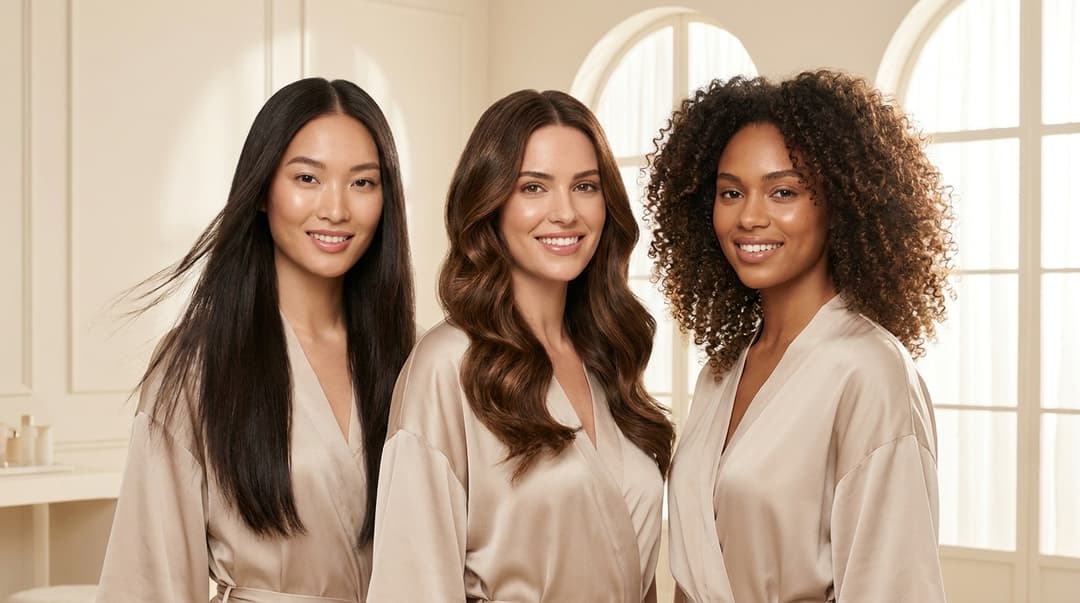 Three women showing smooth straight, wavy, and curly air-dried hairstyles.