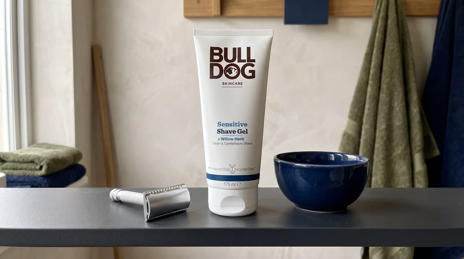 Bulldog Sensitive Shave Gel 175ml beside a generic razor and navy bowl