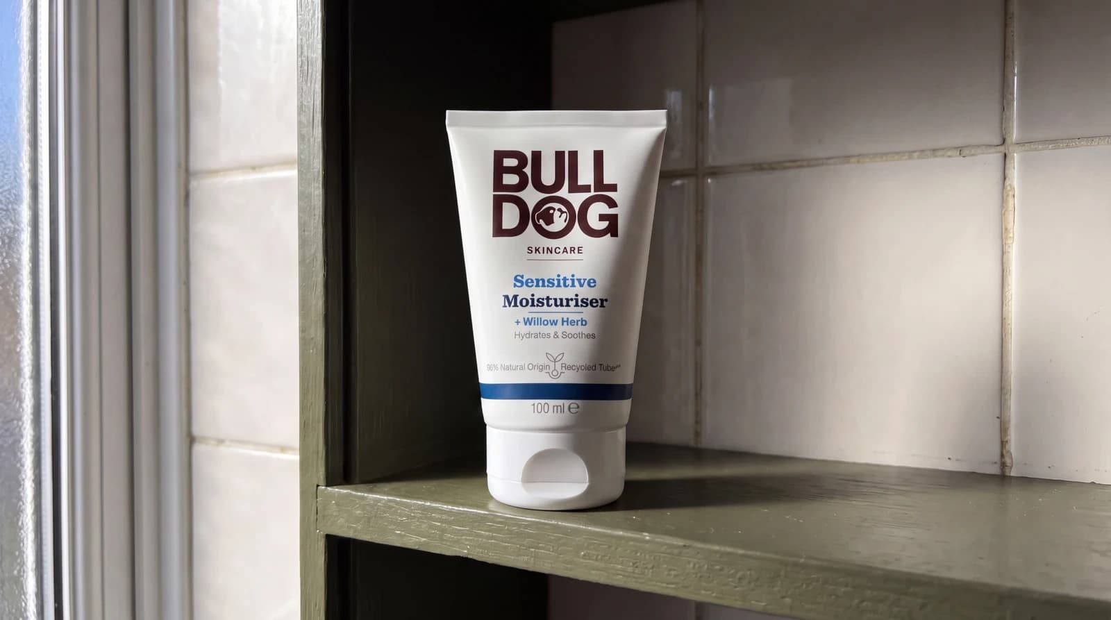 Bulldog Sensitive Moisturiser 100ml on an olive bathroom shelf