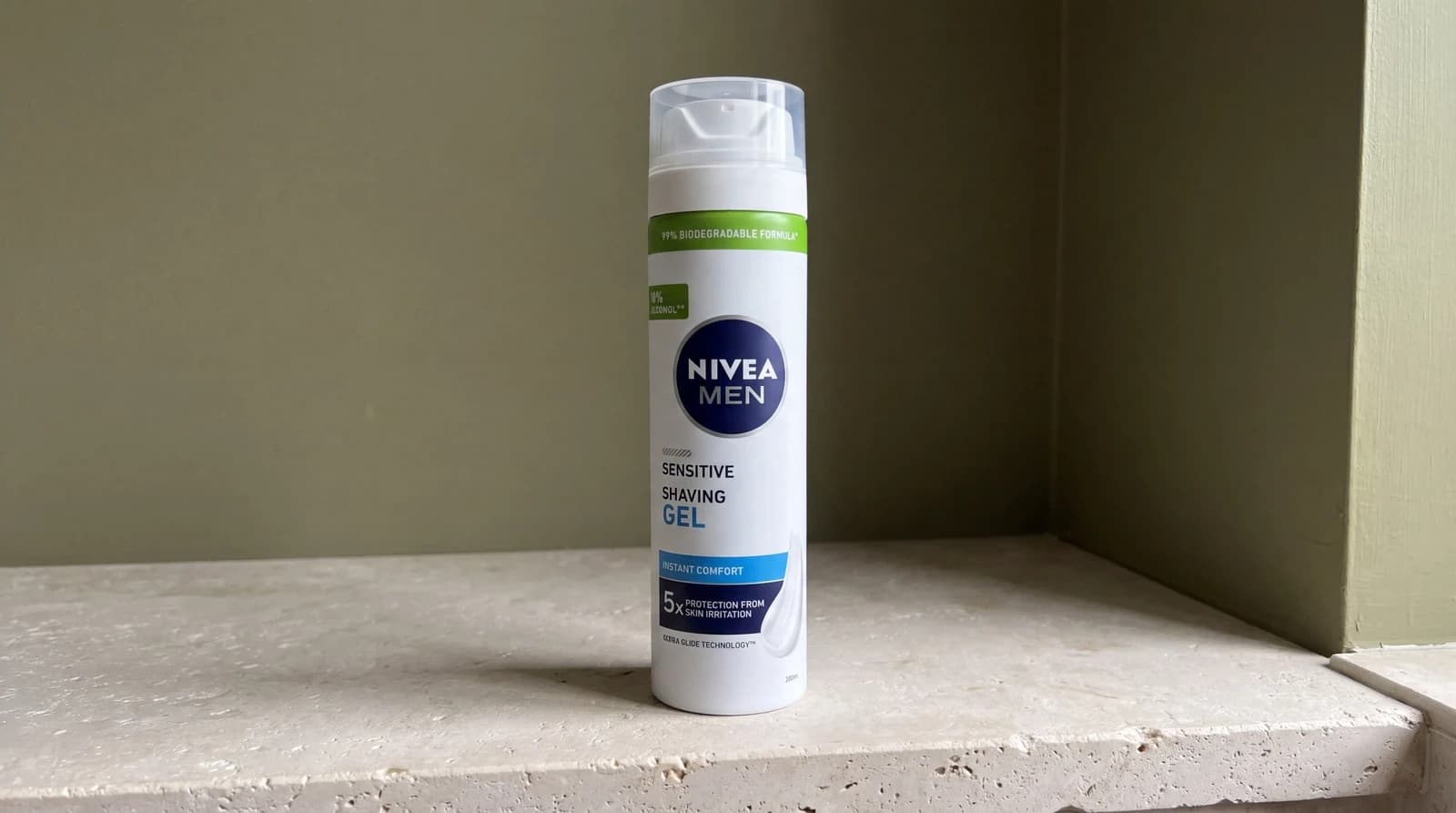 Nivea Men Sensitive Shaving Gel 200ml on a bathroom ledge