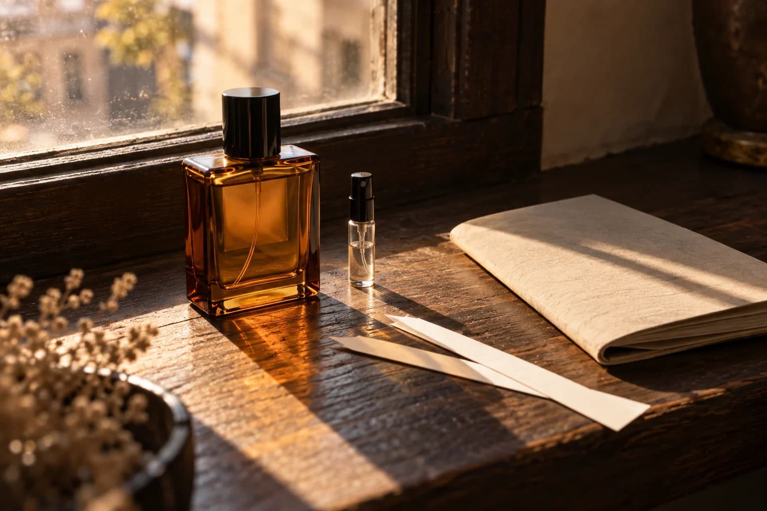 Illustration of unbranded fragrance bottles and paper scent strips in warm window light