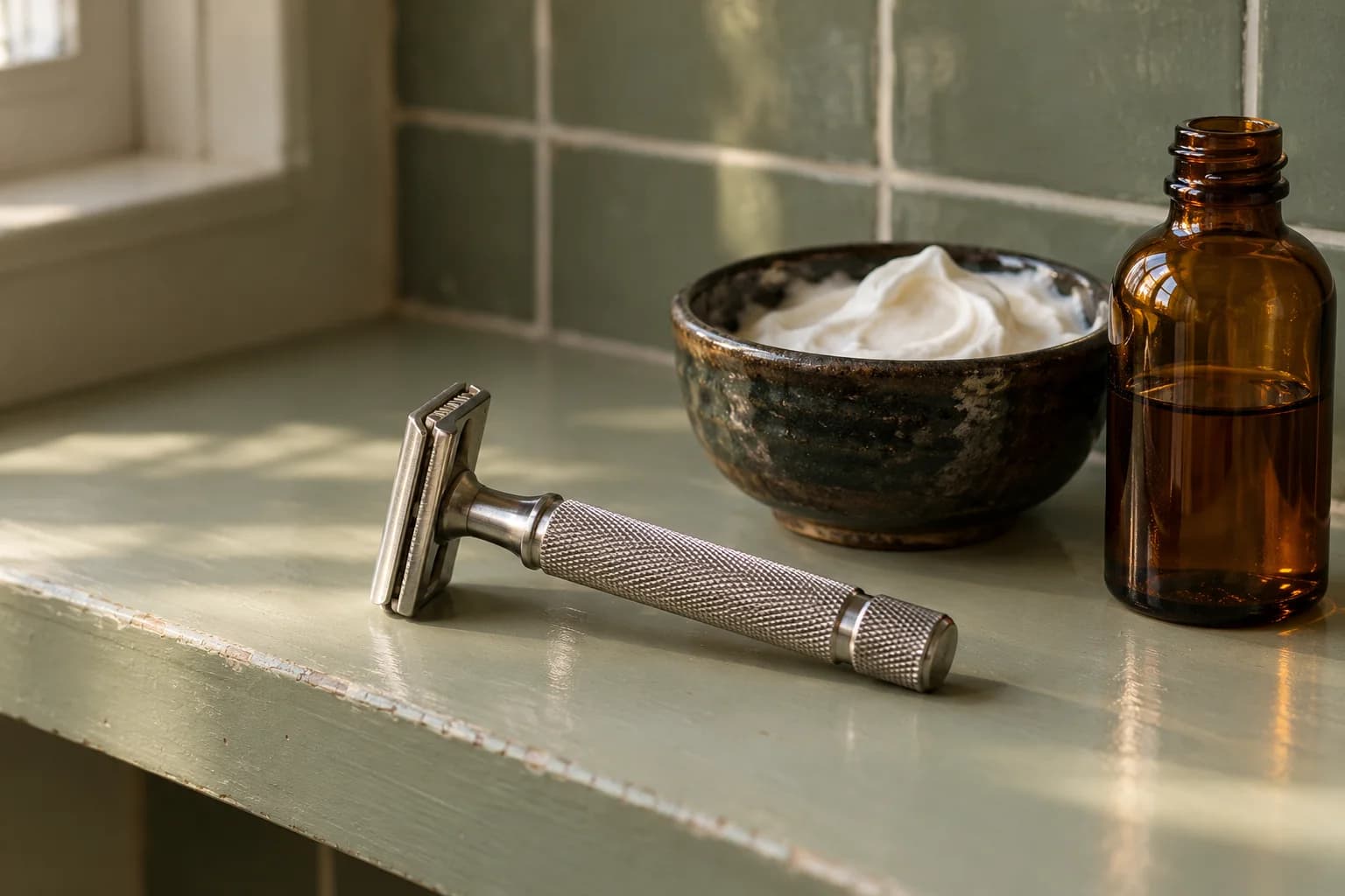 Illustration of a safety razor and shaving bowl on a sage bathroom shelf