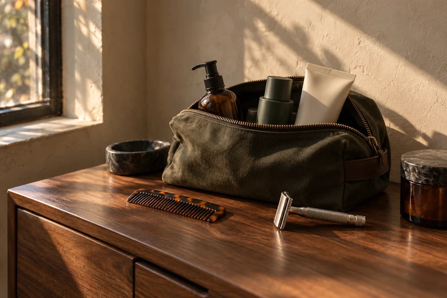 Illustration of a washbag with unbranded skincare bottles on a walnut dresser