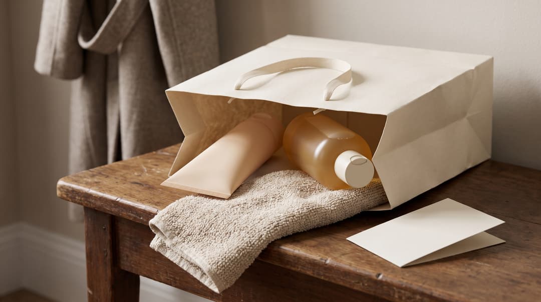 A body-care tube, bottle and washcloth in a paper gift bag.