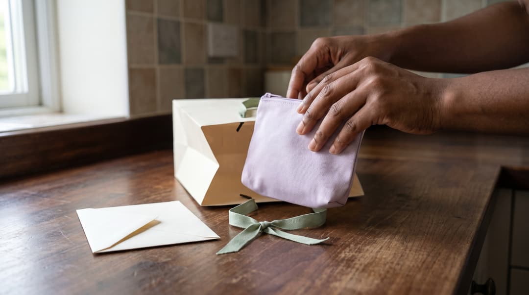 Hands placing a small makeup pouch into a gift bag.