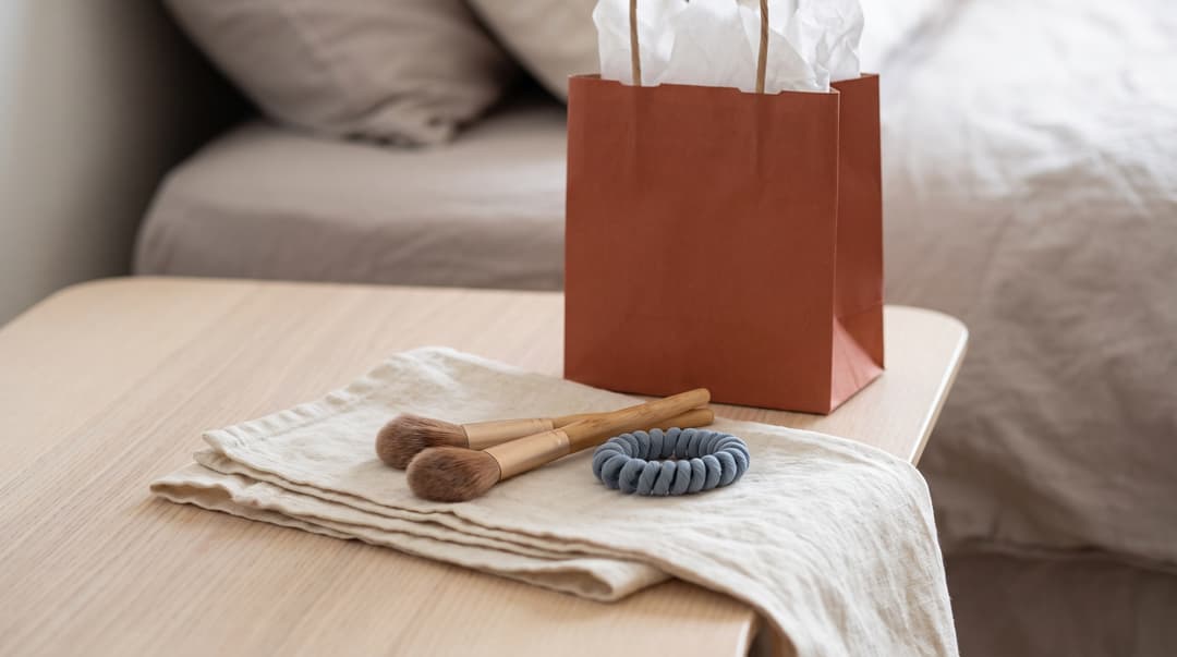 Makeup brushes and a hair tie beside a small gift bag.