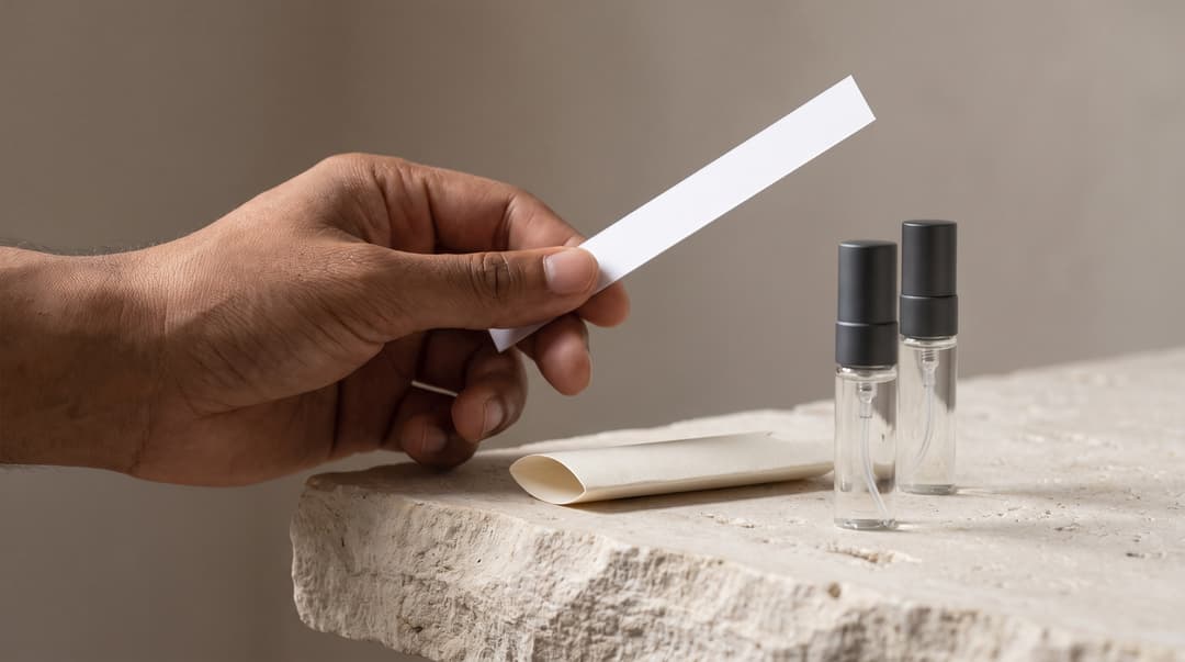 A hand holding a perfume blotter beside two small sample vials.