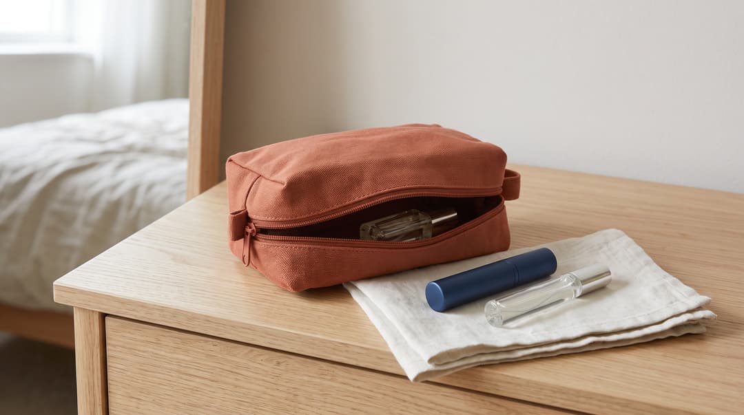 Travel perfume sprays beside an open canvas wash bag.