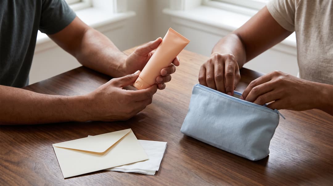 A cream tube and a makeup pouch held over a wooden table.