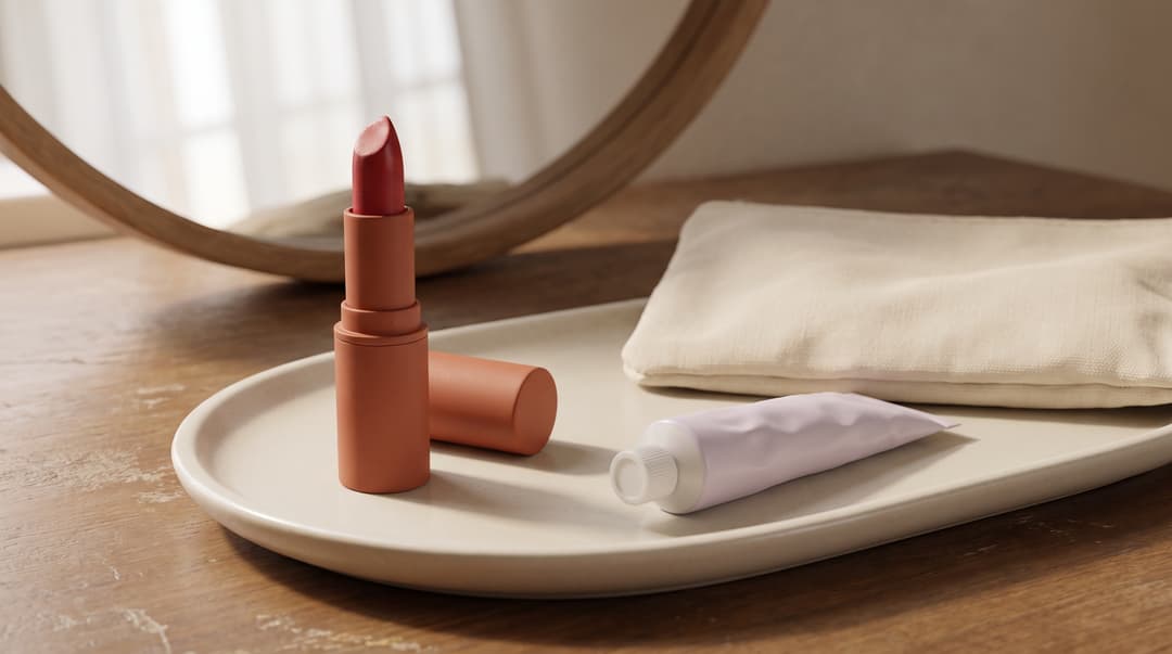 A red lipstick and small hand-cream tube on a tray beside a cotton pouch.