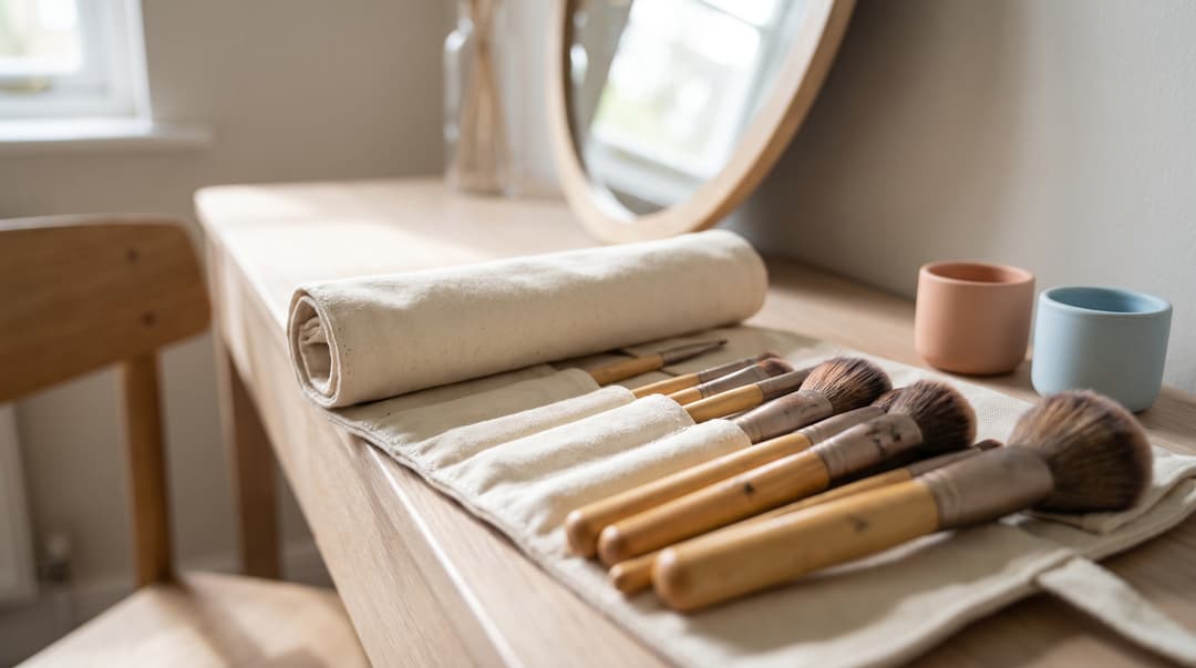 Makeup brushes laid out in a canvas roll on a dressing table.
