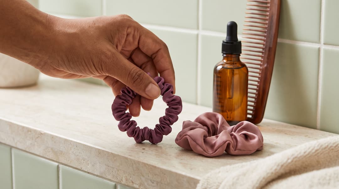 A hand picking up a silk hair tie beside a comb and an amber dropper bottle.