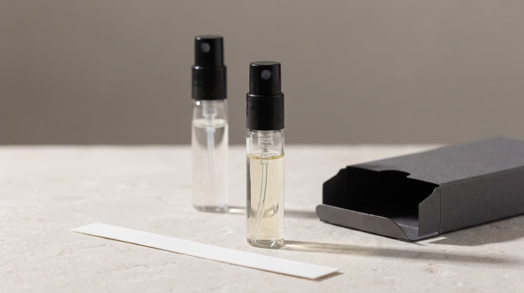 Small clear perfume samples beside an open box and a blank blotter strip.