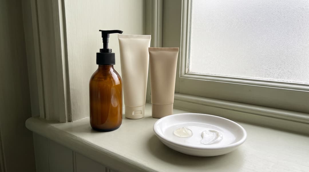 Three unbranded daily skincare formats and small gel and cream textures on a painted bathroom shelf. AI-generated editorial illustration of a pared-back routine; the containers do not represent specific products.