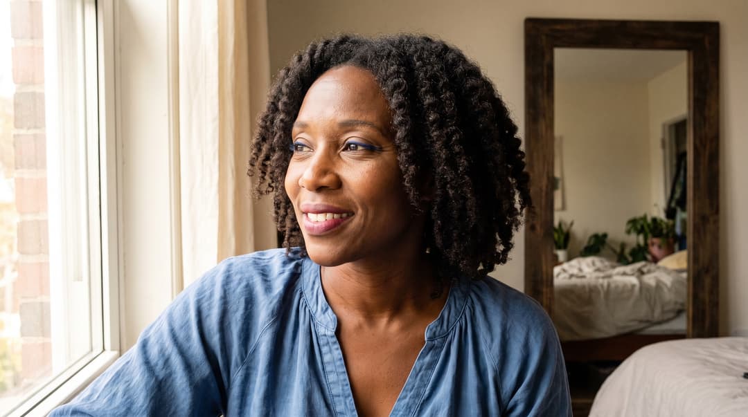 An adult with natural curls, a small cobalt eyeliner accent and softly blurred berry lips in daylight. AI-generated style inspiration, not a salon result or product-test photograph.