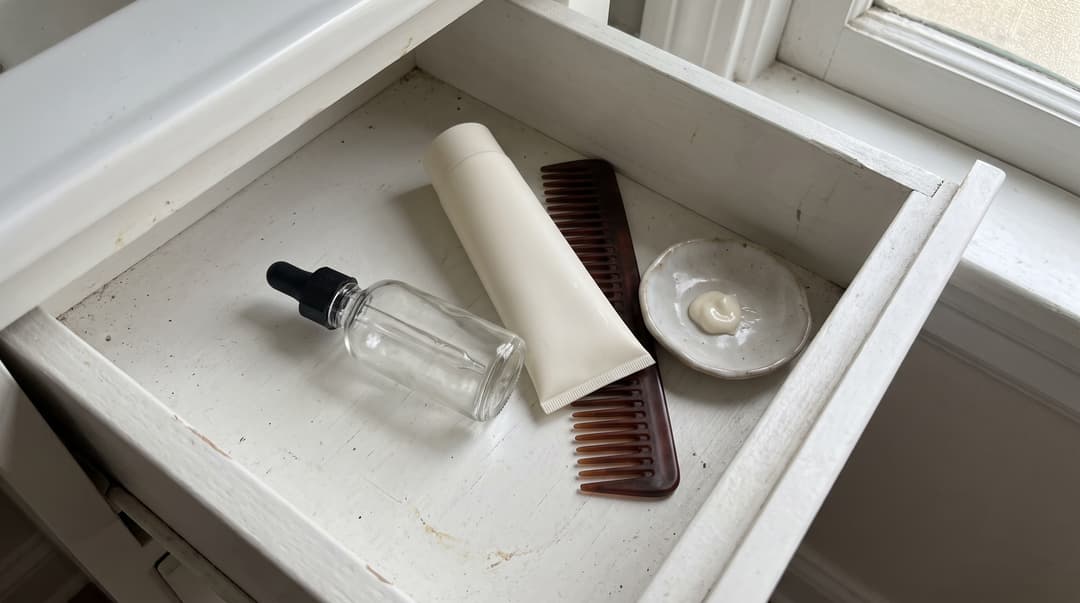 Unbranded dropper bottle, treatment tube and wide-tooth comb in an open bathroom drawer. AI illustration of different haircare formats; the containers do not represent specific products.