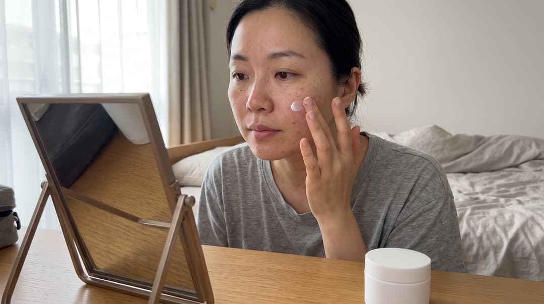 A woman applying a small amount of moisturizer beside a bedroom mirror. AI editorial illustration: an everyday moisturizing step; the image does not show a product result.