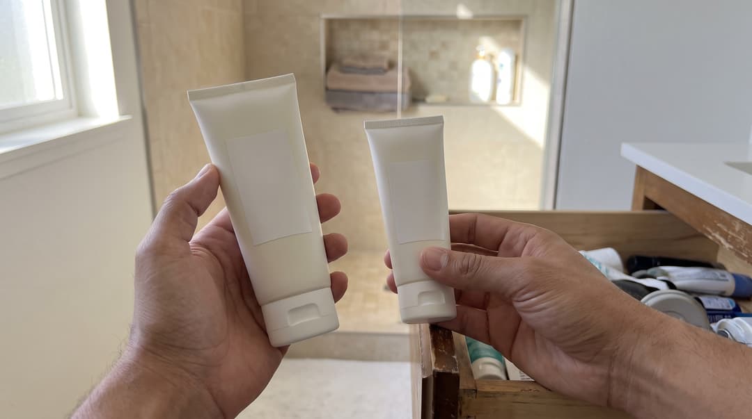 Hands comparing two unbranded sunscreen-format tubes beside a bathroom drawer. AI editorial illustration: checking the exact sunscreen format and size before buying.