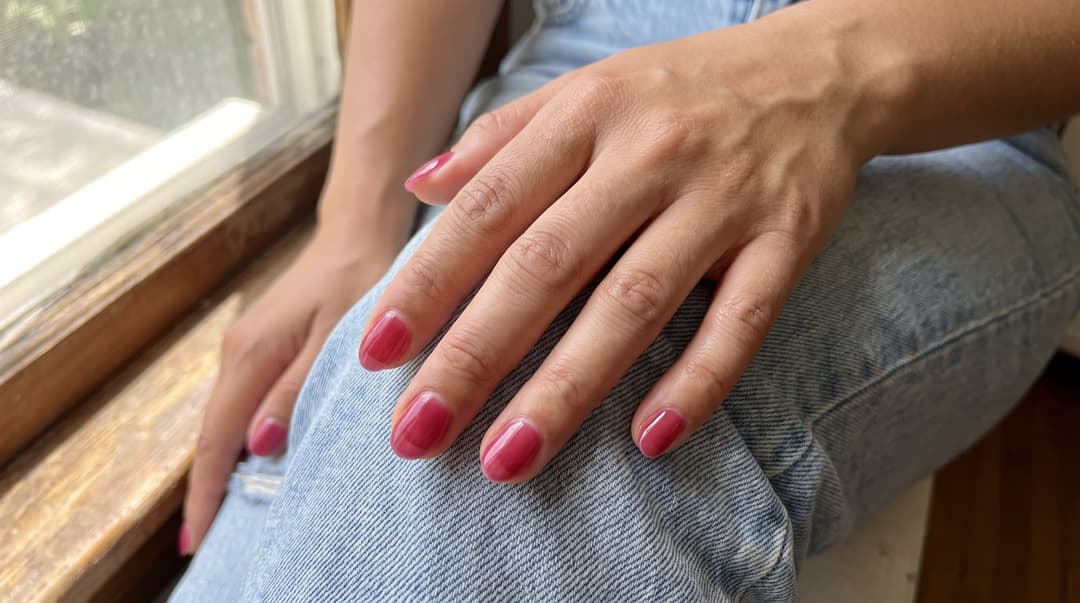 Short oval nails with glossy raspberry color against pale denim AI-generated editorial illustration of a berry finish; color is conceptual and does not represent a named polish shade.