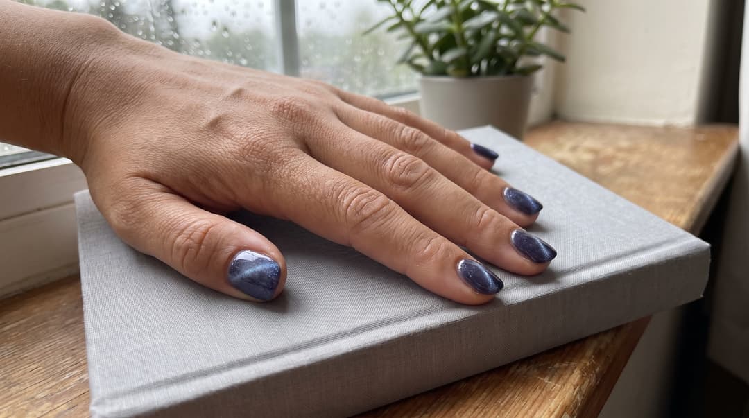 Short nails with blue-purple shimmer and a subtle diagonal cat-eye reflection AI-generated editorial illustration of a magnetic-style nail finish; not a product swatch or wear-test result.