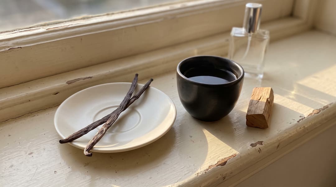 Tea, vanilla pods and a small piece of wood arranged as perfume scent inspirations. AI illustration of scent inspirations, not the ingredient list of any perfume.
