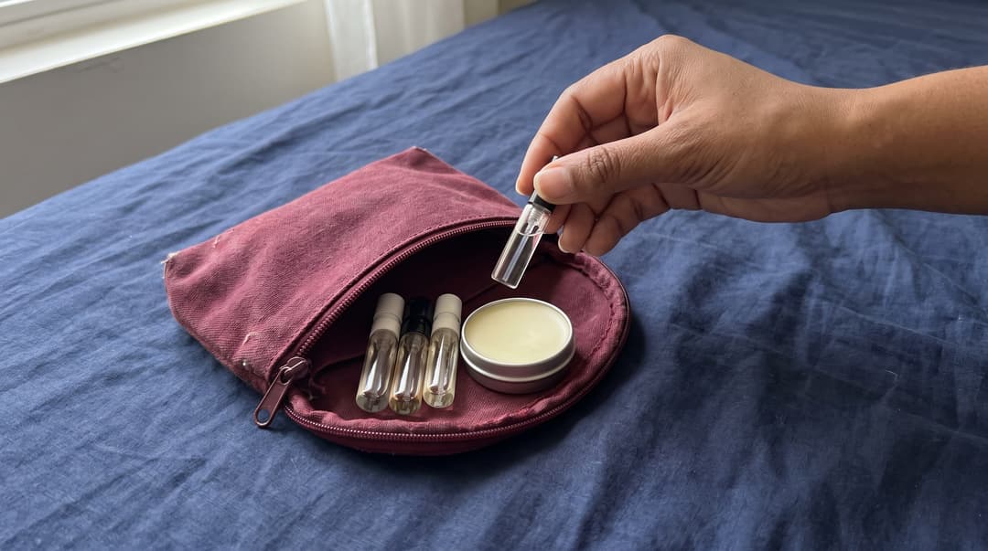 Miniature perfume vials and a compact case in an open fabric travel pouch. AI illustration of smaller fragrance formats; actual set contents vary by product.