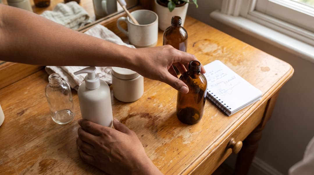 Hands sorting skincare bottles beside a notebook on a wooden dressing table. AI editorial illustration: reviewing products before adding another step.