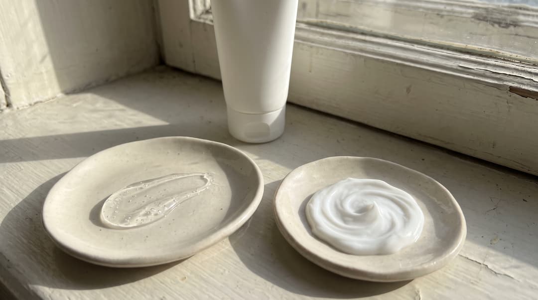 Clear gel and white cream textures on separate ceramic dishes beside a window. AI editorial illustration: comparing cosmetic textures and formats, without implying a product test.