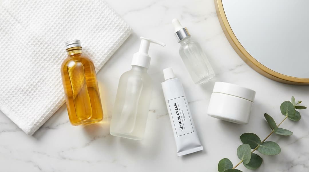Flatlay of nighttime skincare products including cleansers, serum, retinol cream, and moisturizer on a marble vanity.