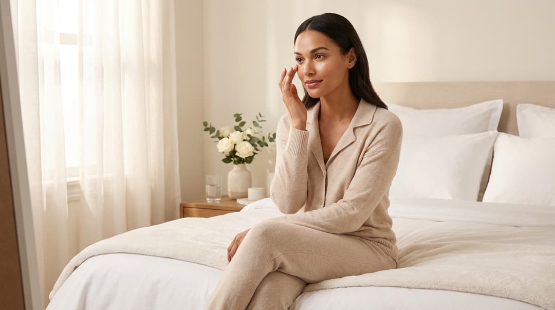 Beautiful woman with glowing skin in a soft-lit bedroom gently touching the skin under her eyes