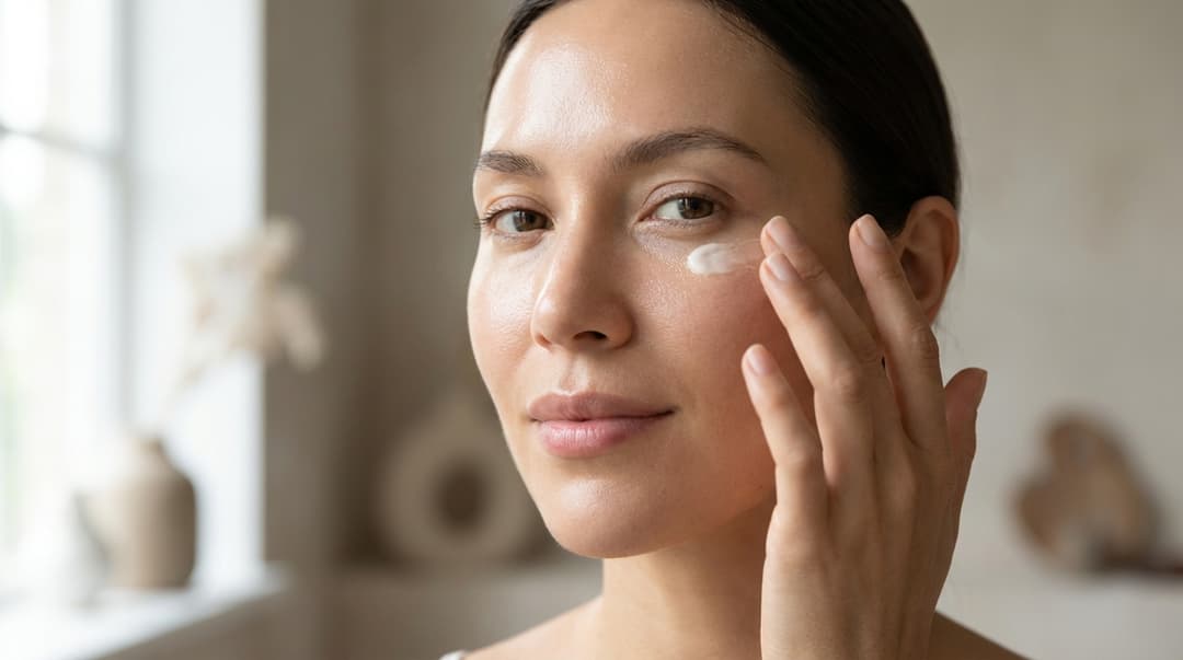 Close-up of a woman with flawless skin gently tapping eye cream under her eyes