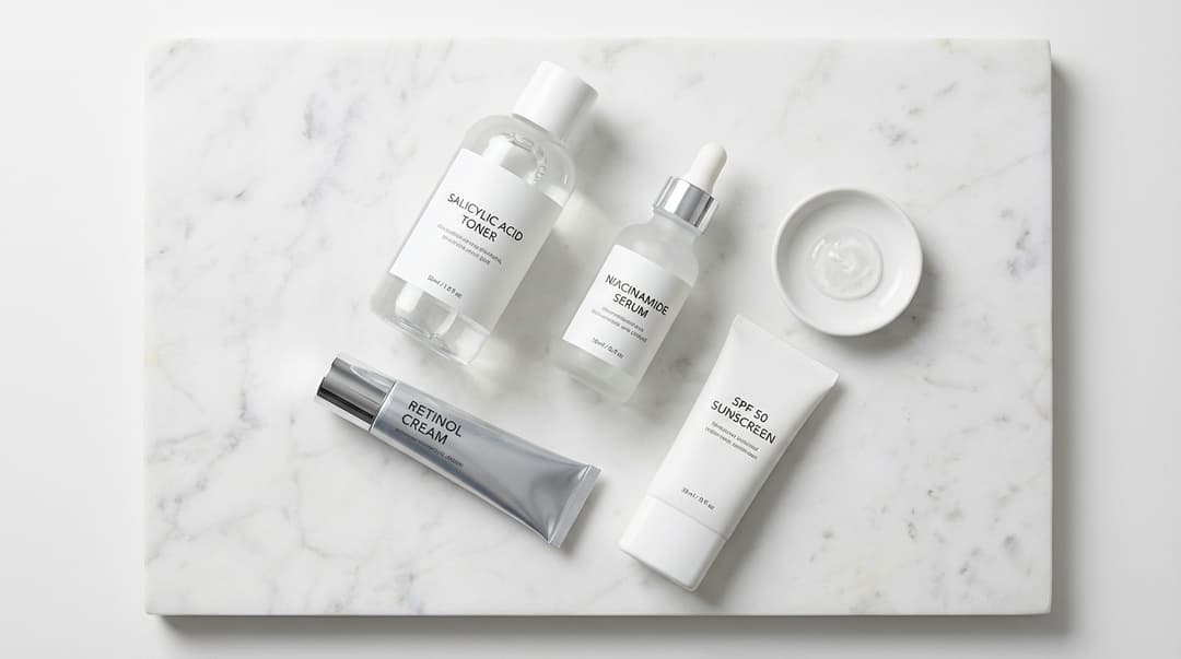 Flatlay of salicylic acid toner, niacinamide serum, retinol cream, and sunscreen on white marble