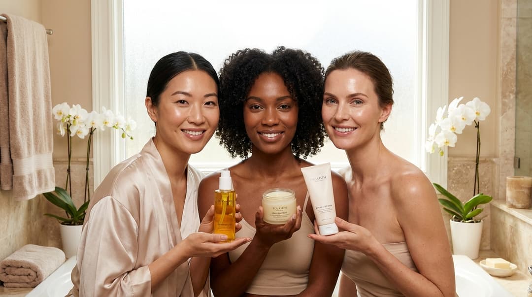 Three women with different skin types holding various cleansers in a bright bathroom