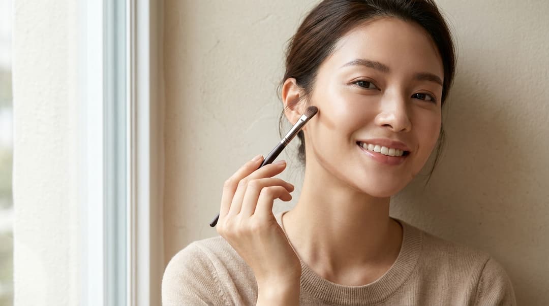 Woman with glowing skin showing natural-looking contour under cheekbones, jawline, and hairline