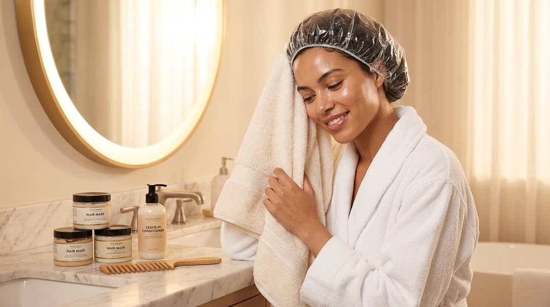 Woman with glowing skin wrapping a towel over a shower cap after applying a hair mask in a spa-like bathroom.