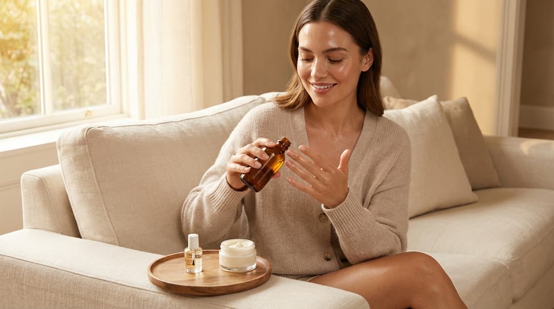 Woman with glowing skin applying cuticle oil to her natural nails in a softly lit, luxurious living room.